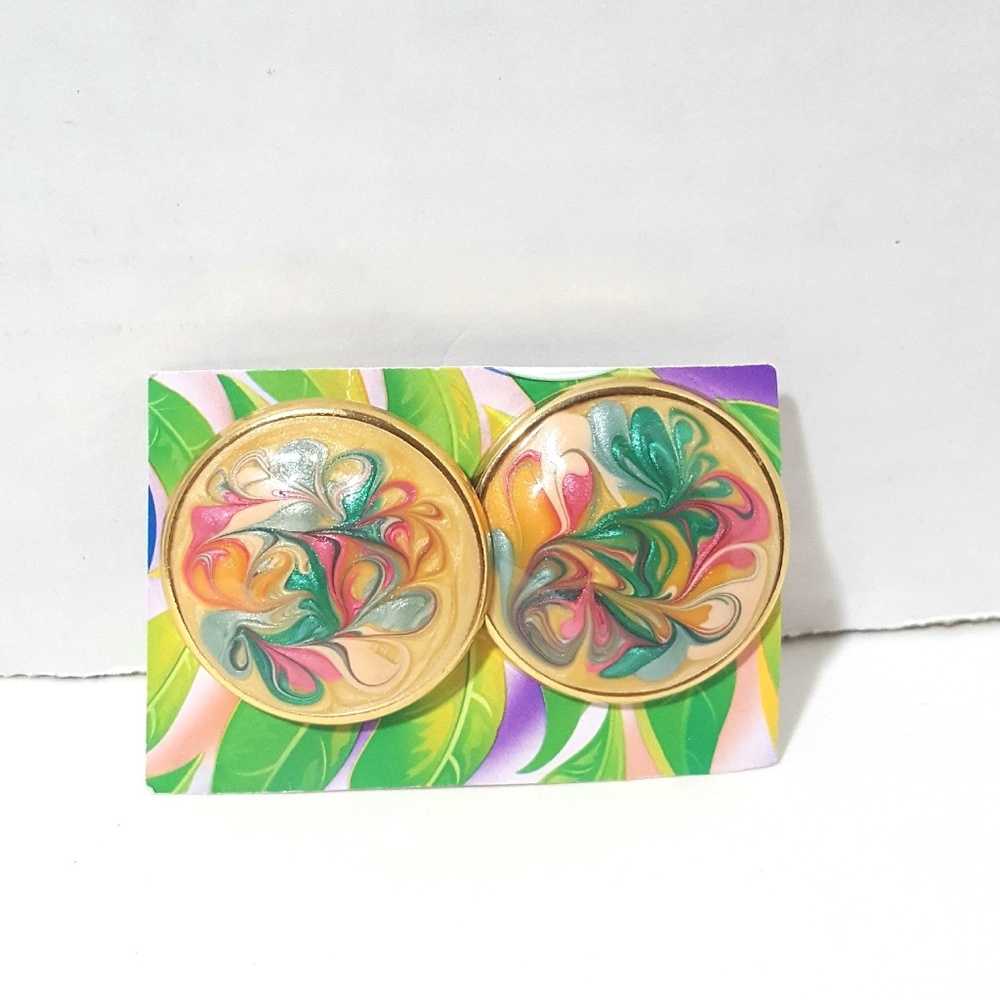 Vintage round watercolor painted earrings